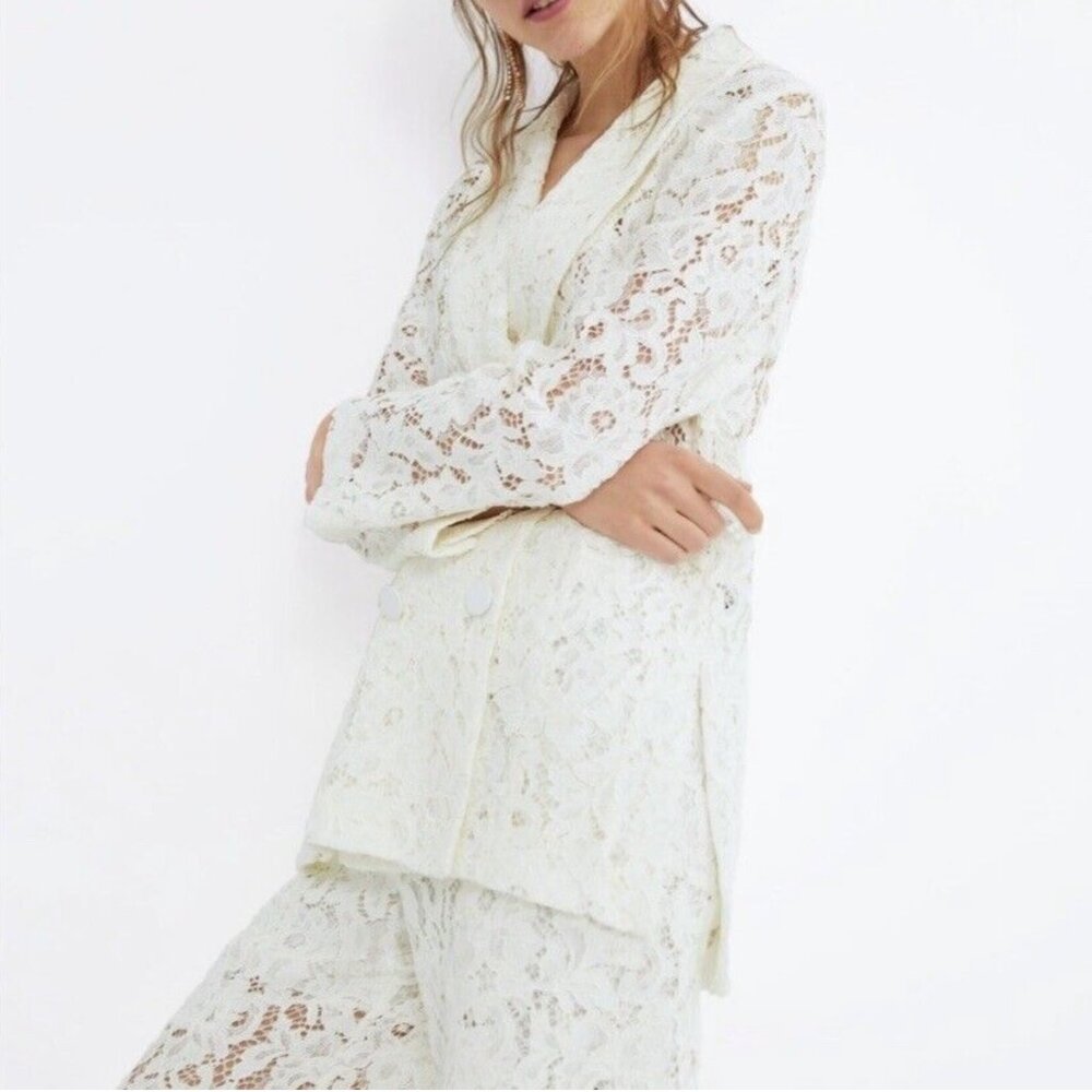 ZARA Ecru White Lace Tuxedo Blazer Jacket and Pant Suit - Size Large